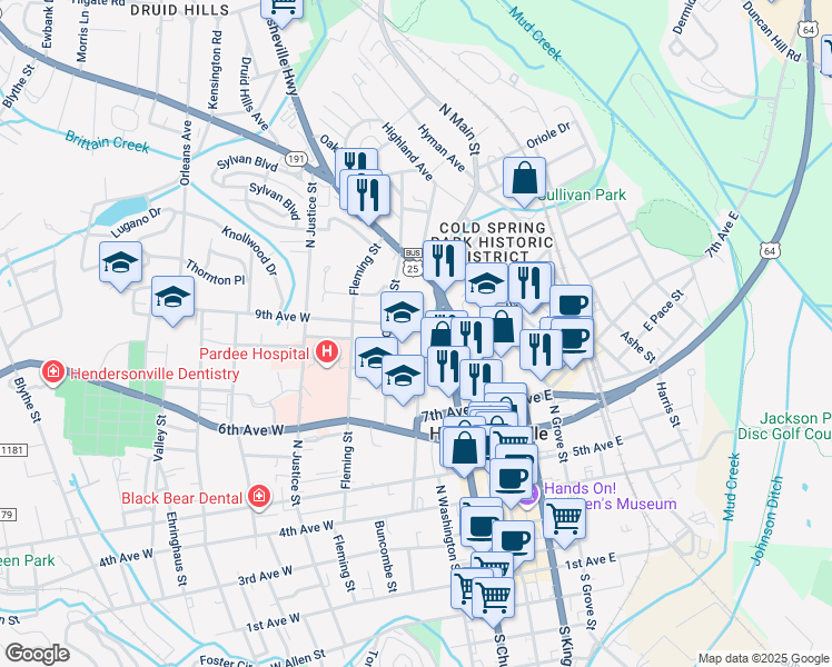 map of restaurants, bars, coffee shops, grocery stores, and more near 311 8th Avenue West in Hendersonville