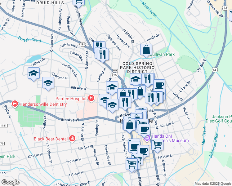 map of restaurants, bars, coffee shops, grocery stores, and more near 311 8th Avenue West in Hendersonville