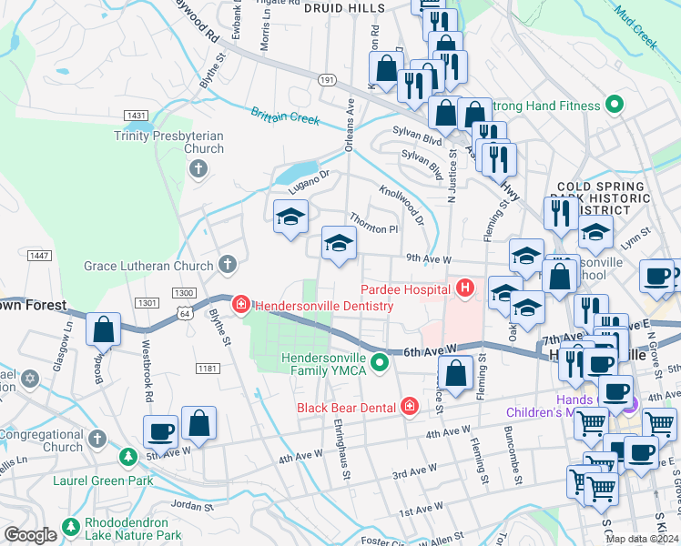 map of restaurants, bars, coffee shops, grocery stores, and more near 825 North Whitted Street in Hendersonville