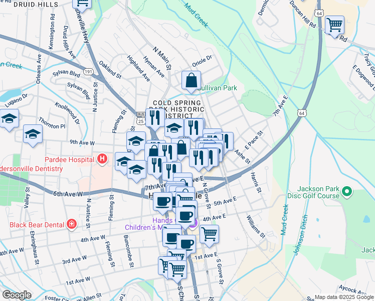 map of restaurants, bars, coffee shops, grocery stores, and more near 801 Locust Street in Hendersonville