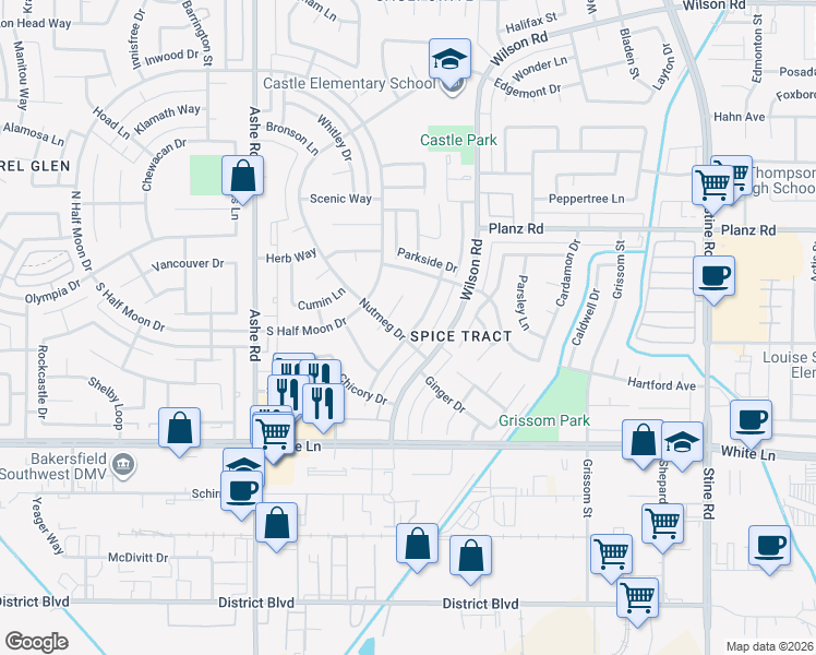 map of restaurants, bars, coffee shops, grocery stores, and more near 3525 Sesame Street in Bakersfield