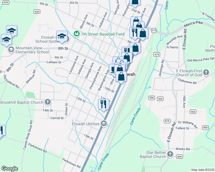 map of restaurants, bars, coffee shops, grocery stores, and more near 926 Ohio Ave in Etowah