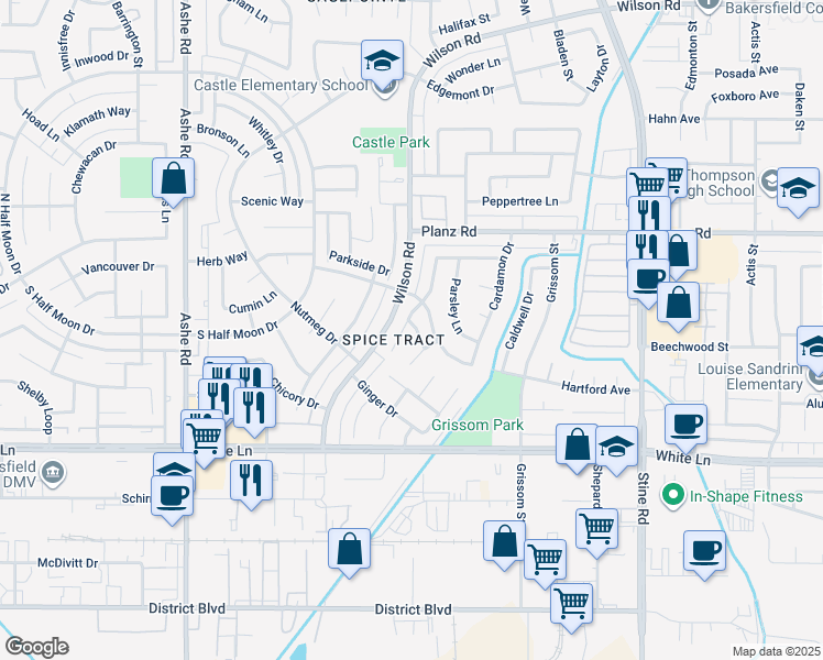 map of restaurants, bars, coffee shops, grocery stores, and more near 5401 Lido Lane in Bakersfield