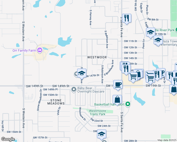 map of restaurants, bars, coffee shops, grocery stores, and more near 14620 Harli Lane in Oklahoma City