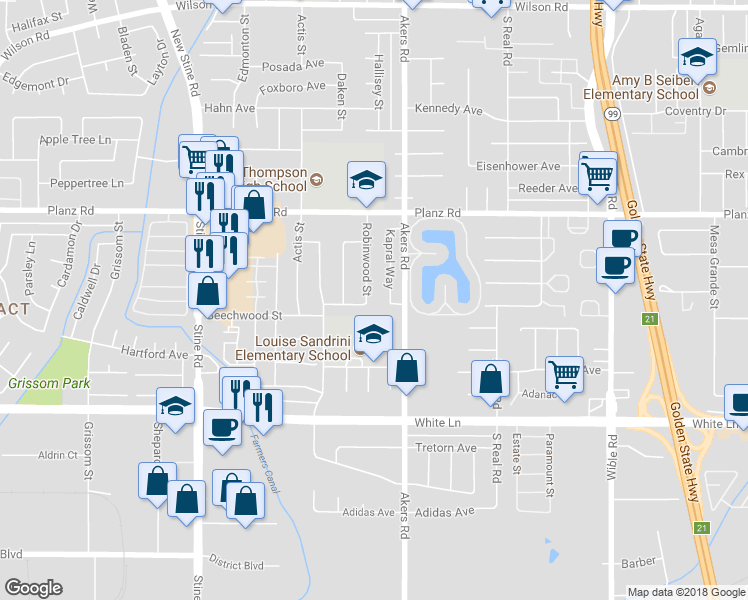 map of restaurants, bars, coffee shops, grocery stores, and more near 3604 Robinwood Street in Bakersfield