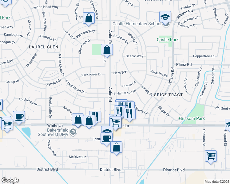 map of restaurants, bars, coffee shops, grocery stores, and more near 3721 South Half Moon Drive in Bakersfield