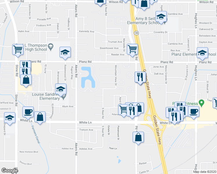 map of restaurants, bars, coffee shops, grocery stores, and more near 3716 Valley Vista Avenue in Bakersfield