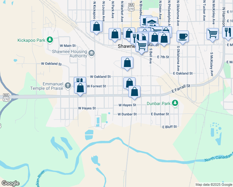 map of restaurants, bars, coffee shops, grocery stores, and more near 523 S Park Ave in Shawnee
