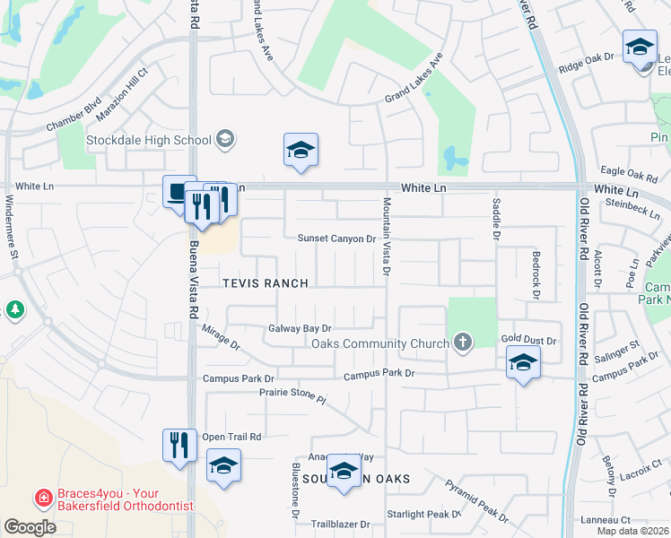 map of restaurants, bars, coffee shops, grocery stores, and more near 3604 Cumbre Court in Bakersfield