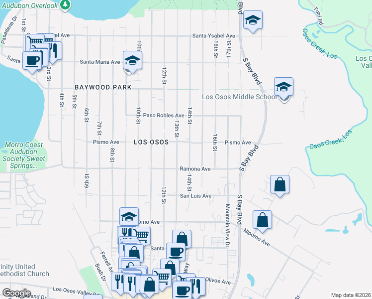 map of restaurants, bars, coffee shops, grocery stores, and more near 1621 14th Street in Baywood-Los Osos