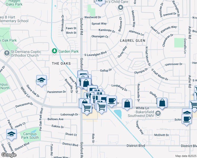 map of restaurants, bars, coffee shops, grocery stores, and more near 7808 Animas Court in Bakersfield