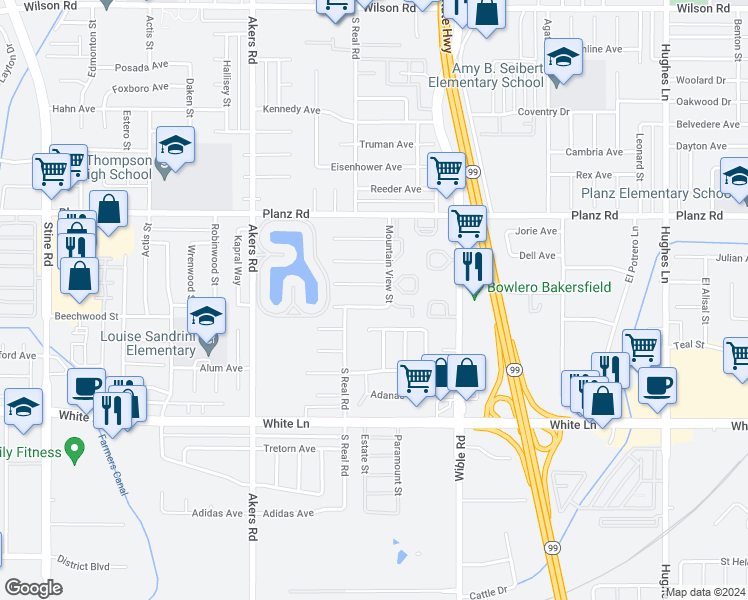map of restaurants, bars, coffee shops, grocery stores, and more near 3716 Valley Vista Avenue in Bakersfield
