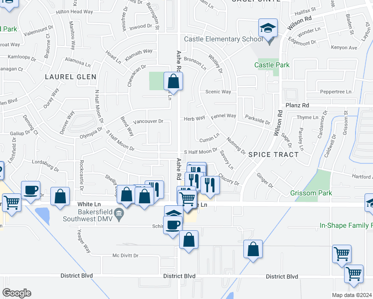 map of restaurants, bars, coffee shops, grocery stores, and more near 3524 Ashe Road in Bakersfield