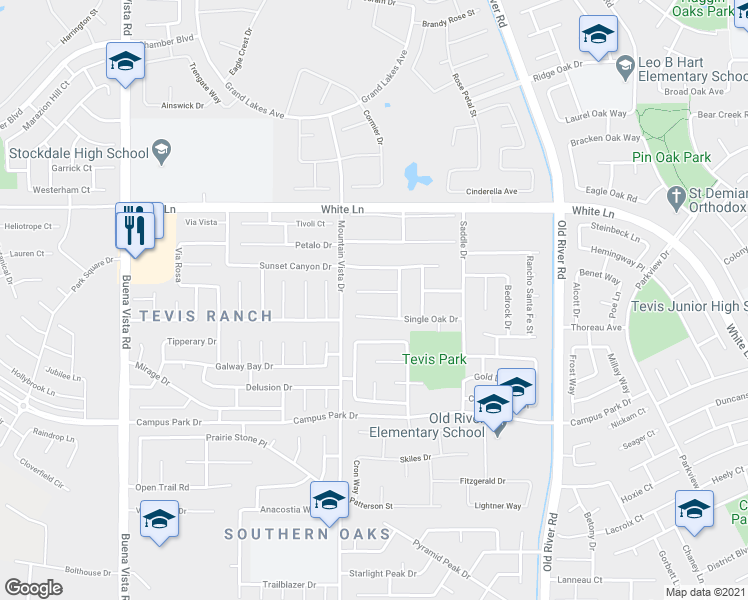 map of restaurants, bars, coffee shops, grocery stores, and more near 10409 Walnut Creek Court in Bakersfield