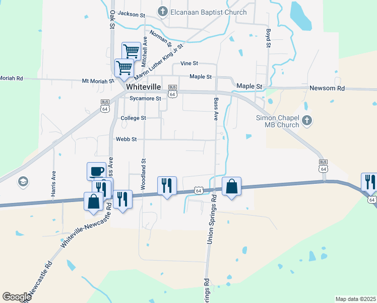 map of restaurants, bars, coffee shops, grocery stores, and more near 19 Autumn Glade Cove in Whiteville