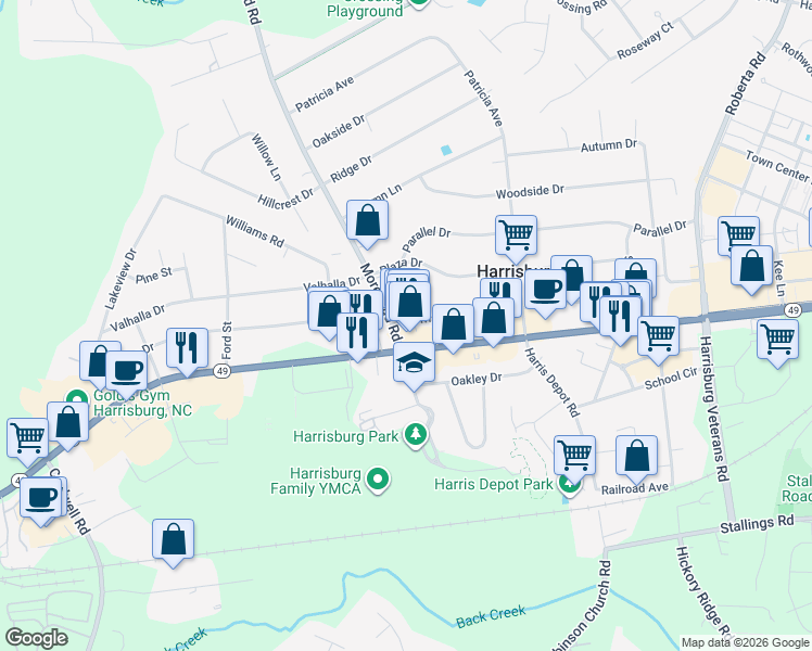 map of restaurants, bars, coffee shops, grocery stores, and more near 5096 State Highway 49 in Harrisburg