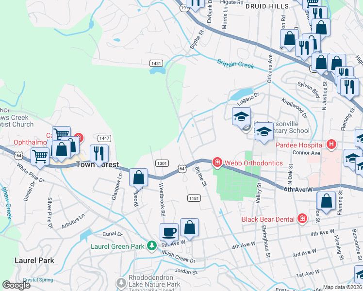 map of restaurants, bars, coffee shops, grocery stores, and more near 714 County Road 1300 in Hendersonville