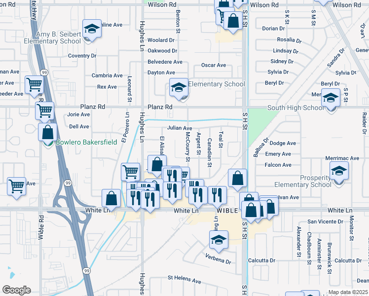 map of restaurants, bars, coffee shops, grocery stores, and more near 3605 McCourry Street in Bakersfield