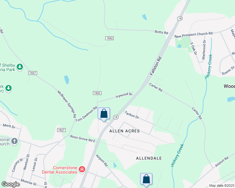 map of restaurants, bars, coffee shops, grocery stores, and more near 825 Ivywood Drive in Shelby