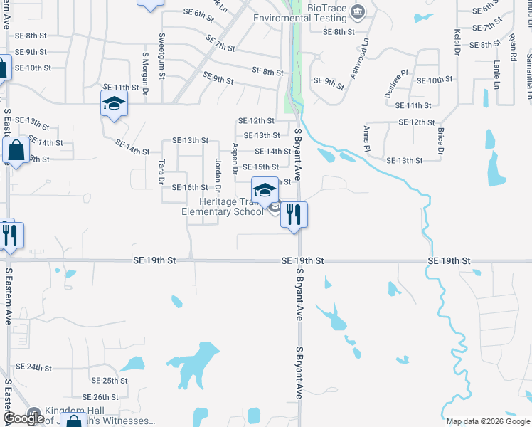 map of restaurants, bars, coffee shops, grocery stores, and more near 1801 South Bryant Avenue in Moore