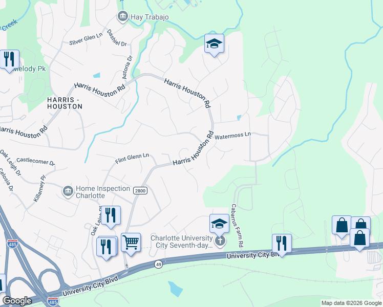map of restaurants, bars, coffee shops, grocery stores, and more near 11001 Shandon Way Lane in Charlotte
