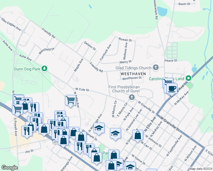 map of restaurants, bars, coffee shops, grocery stores, and more near 107 Byrd Drive in Dunn