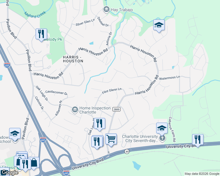 map of restaurants, bars, coffee shops, grocery stores, and more near 2201 Flint Glenn Lane in Charlotte