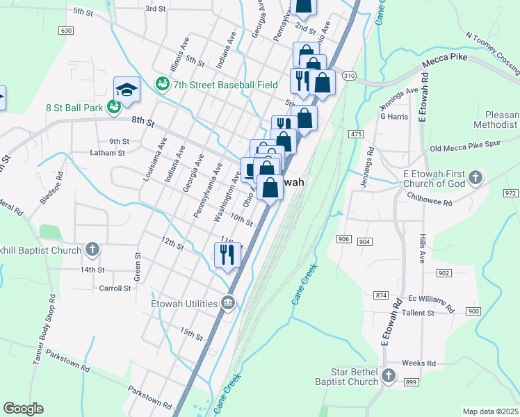 map of restaurants, bars, coffee shops, grocery stores, and more near 906 Tennessee Avenue in Etowah