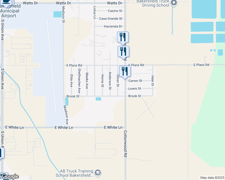 map of restaurants, bars, coffee shops, grocery stores, and more near 3608 Anderson Street in Bakersfield