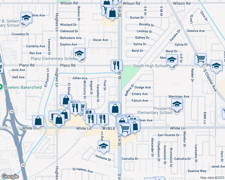 map of restaurants, bars, coffee shops, grocery stores, and more near 3535 South H Street in Bakersfield