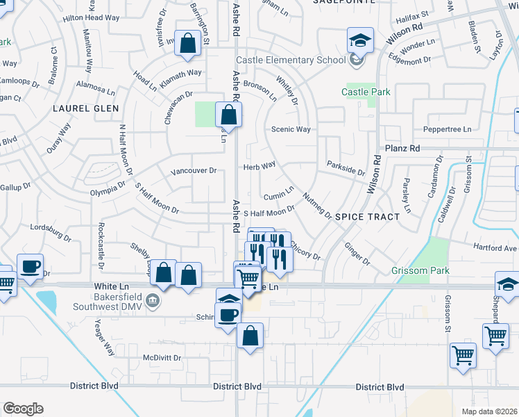 map of restaurants, bars, coffee shops, grocery stores, and more near 3701 South Half Moon Drive in Bakersfield