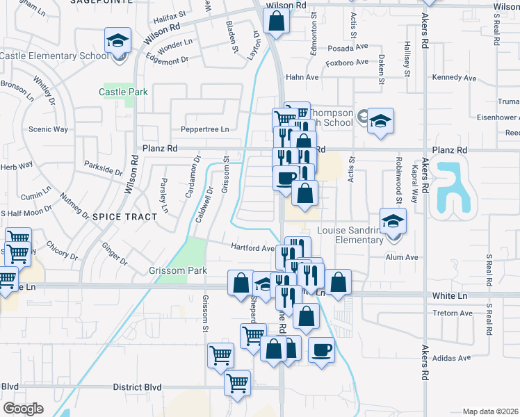 map of restaurants, bars, coffee shops, grocery stores, and more near 3535 Stine Road in Bakersfield