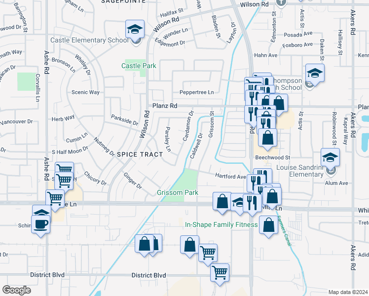 map of restaurants, bars, coffee shops, grocery stores, and more near 3520 Cardamon Drive in Bakersfield