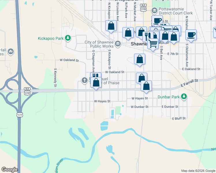 map of restaurants, bars, coffee shops, grocery stores, and more near 522 South Kickapoo Street in Shawnee