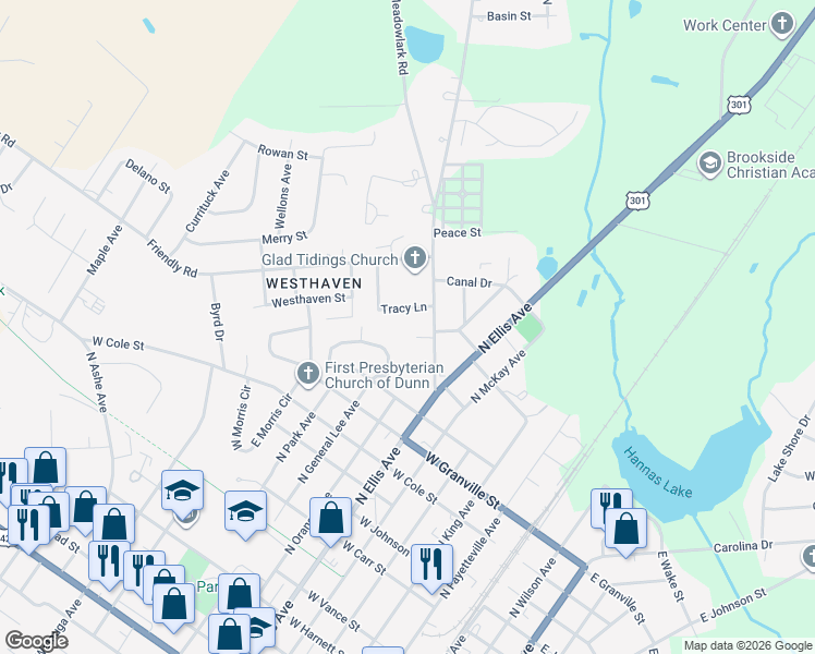 map of restaurants, bars, coffee shops, grocery stores, and more near 104 Dogwood Knoll Road in Dunn