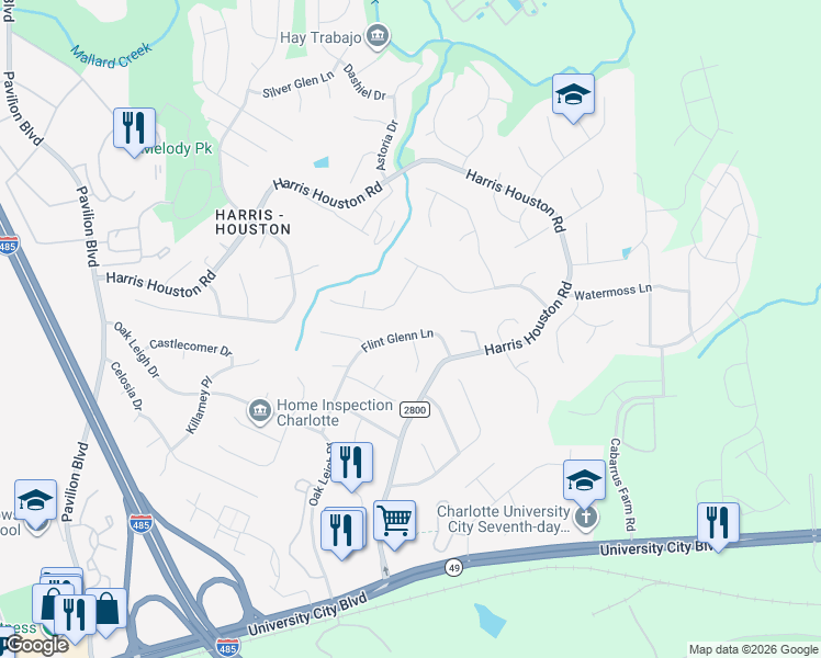 map of restaurants, bars, coffee shops, grocery stores, and more near 2201 Flint Glenn Lane in Charlotte