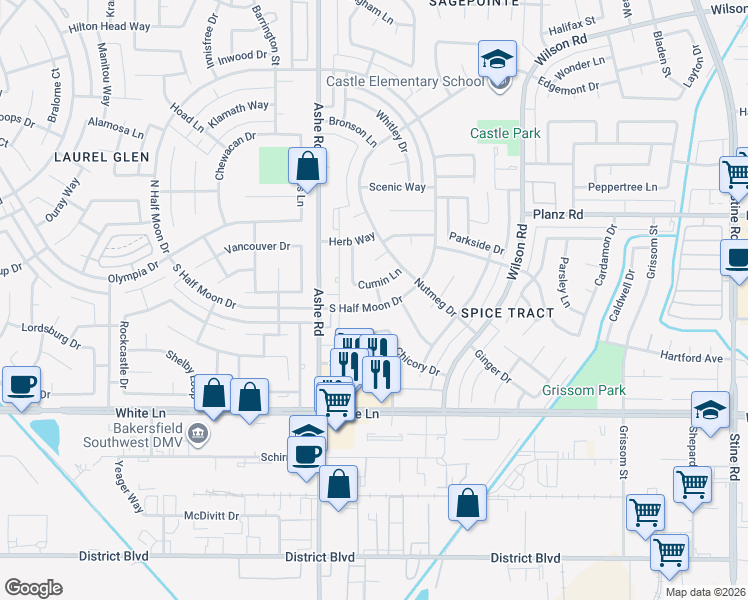 map of restaurants, bars, coffee shops, grocery stores, and more near 3525 South Half Moon Drive in Bakersfield