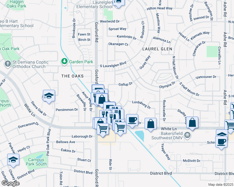 map of restaurants, bars, coffee shops, grocery stores, and more near 7808 Animas Court in Bakersfield