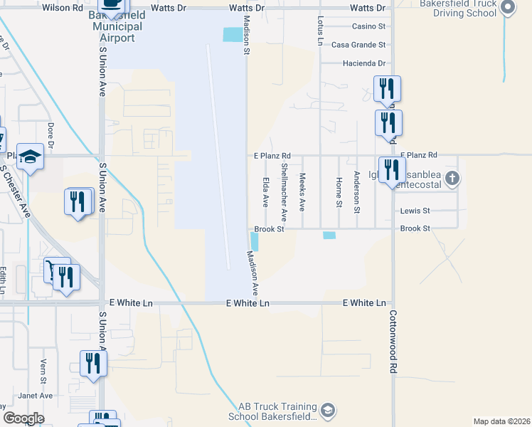 map of restaurants, bars, coffee shops, grocery stores, and more near 3603 Elda Avenue in Bakersfield