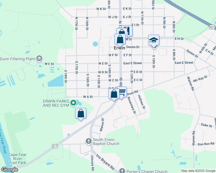 map of restaurants, bars, coffee shops, grocery stores, and more near 200 W B St in Erwin