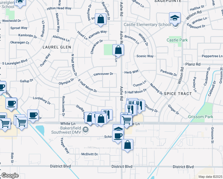 map of restaurants, bars, coffee shops, grocery stores, and more near 6413 Yakima Way in Bakersfield