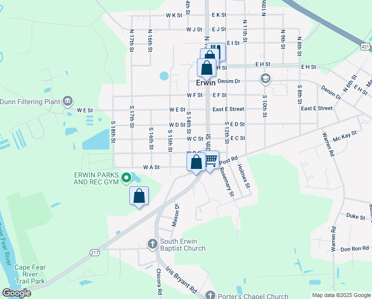 map of restaurants, bars, coffee shops, grocery stores, and more near 200 West B Street in Erwin