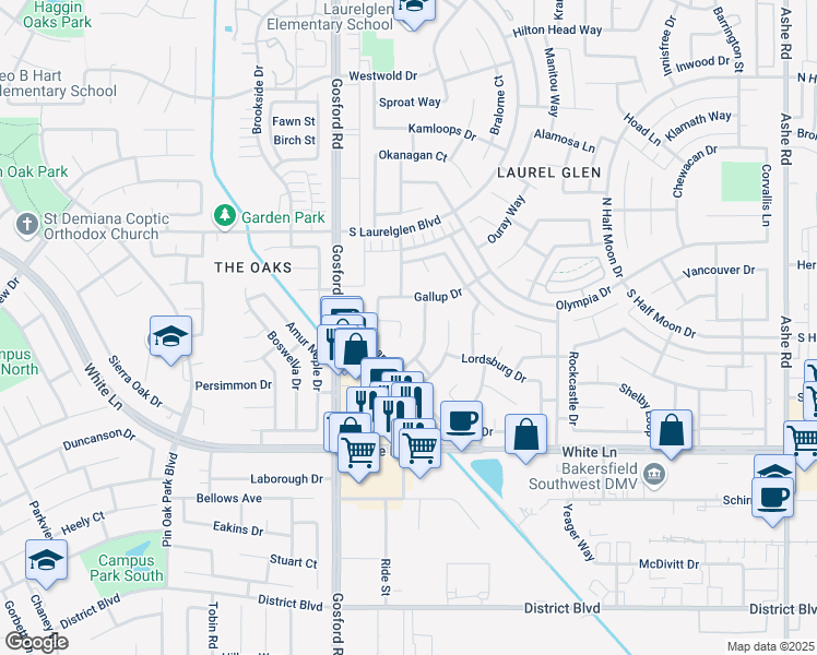 map of restaurants, bars, coffee shops, grocery stores, and more near 7808 Animas Court in Bakersfield