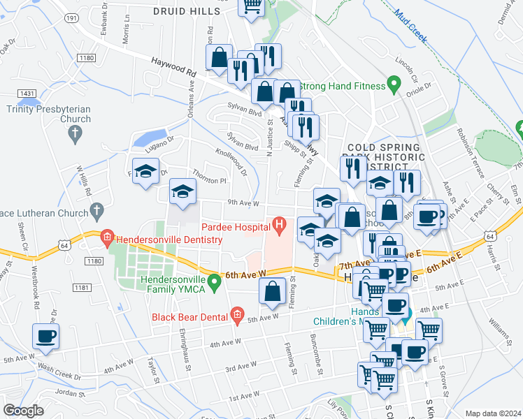 map of restaurants, bars, coffee shops, grocery stores, and more near 831 North Justice Street in Hendersonville