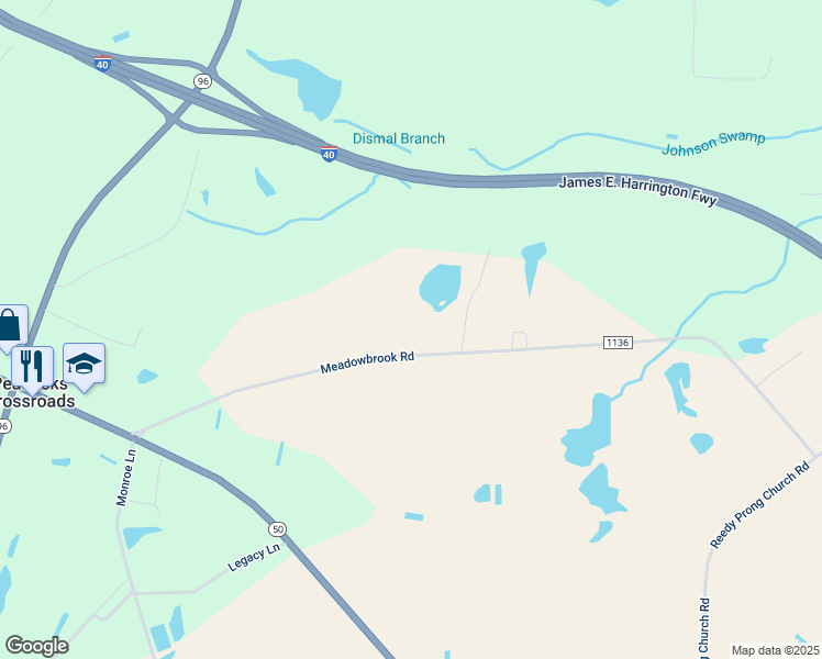 map of restaurants, bars, coffee shops, grocery stores, and more near 7980 Meadowbrook Road in Benson