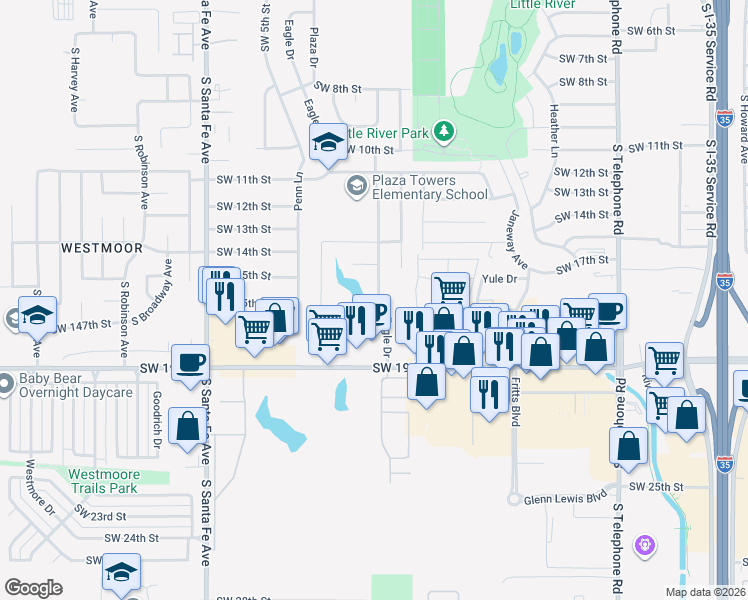 map of restaurants, bars, coffee shops, grocery stores, and more near 1601 Eagle Drive in Moore