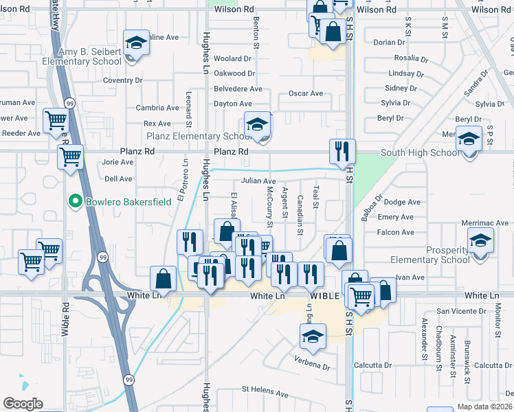 map of restaurants, bars, coffee shops, grocery stores, and more near 3605 McCourry Street in Bakersfield