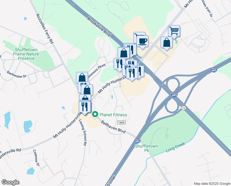 map of restaurants, bars, coffee shops, grocery stores, and more near 10016 Season Grove Lane in Charlotte