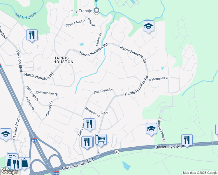 map of restaurants, bars, coffee shops, grocery stores, and more near 2201 Flint Glenn Lane in Charlotte