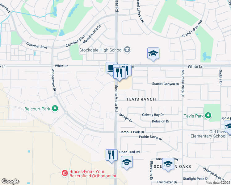 map of restaurants, bars, coffee shops, grocery stores, and more near 4401 Buena Vista Road in Bakersfield